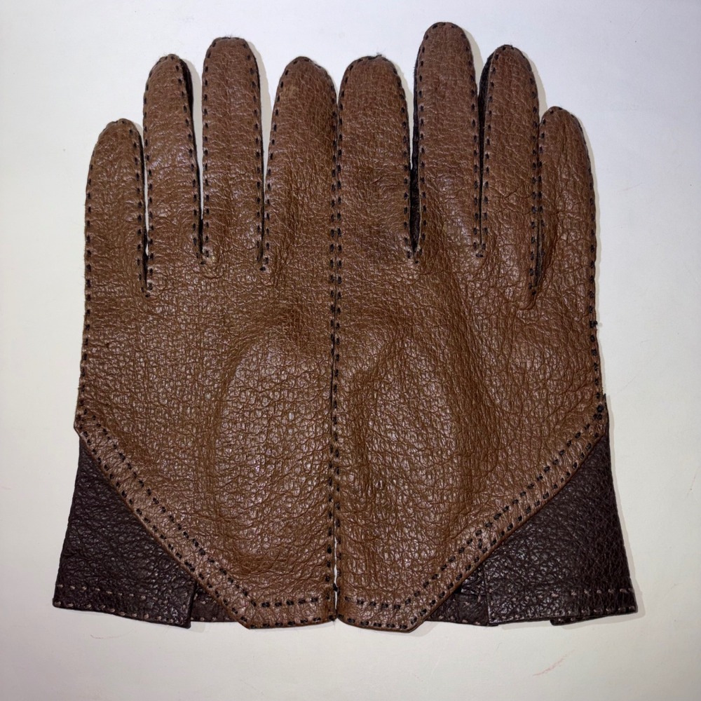 Anne Klein Handcrafted Pebbled Leather Gloves Two-Tone Brown 7.5 L-8.25" Palm-7"